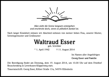 Anzeige von Waltraud Esser von Kölner Stadt-Anzeiger / Kölnische Rundschau / Express