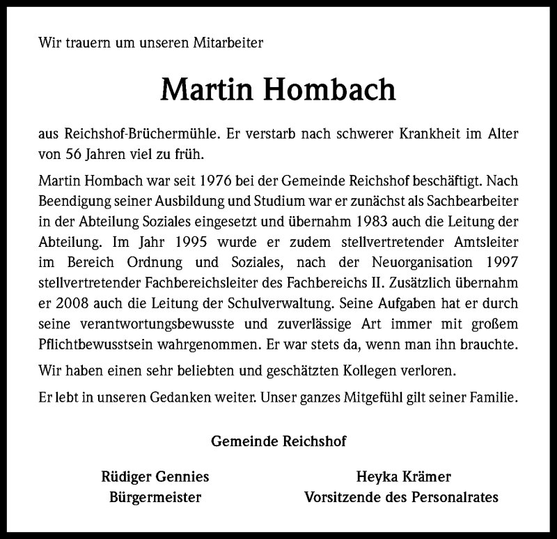  Traueranzeige für Martin Hombach vom 19.08.2014 aus Kölner Stadt-Anzeiger / Kölnische Rundschau / Express