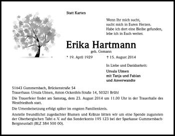 Anzeige von Erika Hartmann von Kölner Stadt-Anzeiger / Kölnische Rundschau / Express