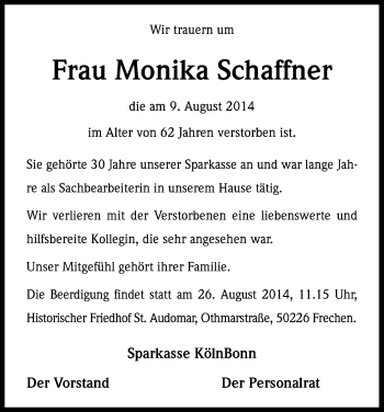 Anzeige von Monika Schaffner von Kölner Stadt-Anzeiger / Kölnische Rundschau / Express
