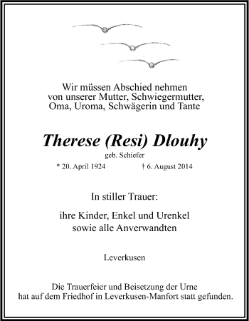 Anzeige von Therese Dlouhy von Kölner Stadt-Anzeiger / Kölnische Rundschau / Express