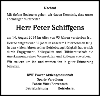 Anzeige von Peter Schiffgens von Kölner Stadt-Anzeiger / Kölnische Rundschau / Express