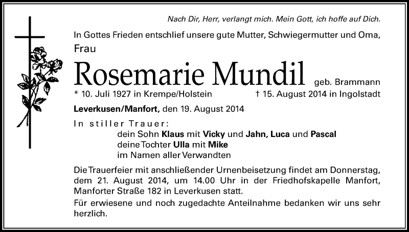  Traueranzeige für Rosemarie Mundil vom 19.08.2014 aus Kölner Stadt-Anzeiger / Kölnische Rundschau / Express