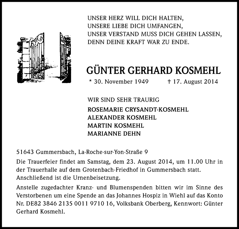  Traueranzeige für Günter Gerhard Kosmehl vom 19.08.2014 aus Kölner Stadt-Anzeiger / Kölnische Rundschau / Express