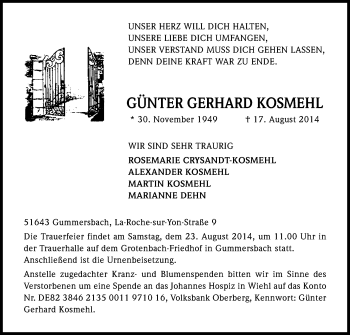 Anzeige von Günter Gerhard Kosmehl von Kölner Stadt-Anzeiger / Kölnische Rundschau / Express