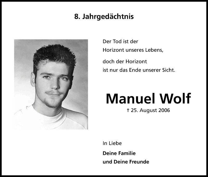  Traueranzeige für Manuel Wolf vom 25.08.2014 aus Kölner Stadt-Anzeiger / Kölnische Rundschau / Express