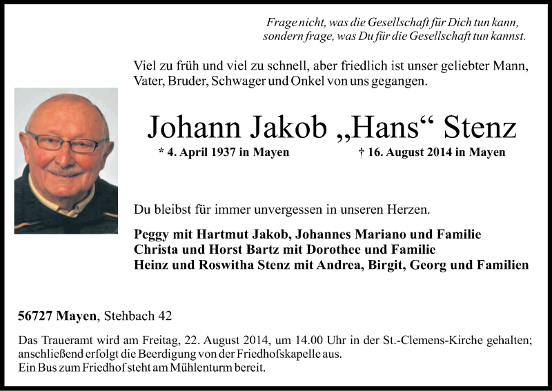  Traueranzeige für Johann Jakob Stenz vom 19.08.2014 aus Kölner Stadt-Anzeiger / Kölnische Rundschau / Express