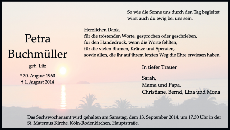 Traueranzeige für Petra Buchmüller vom 20.08.2014 aus Kölner Stadt-Anzeiger / Kölnische Rundschau / Express