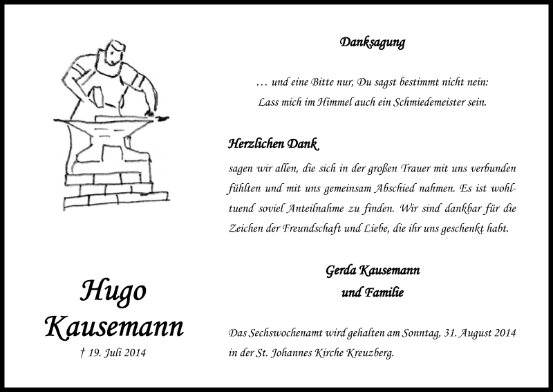  Traueranzeige für Hugo Kausemann vom 23.08.2014 aus Kölner Stadt-Anzeiger / Kölnische Rundschau / Express