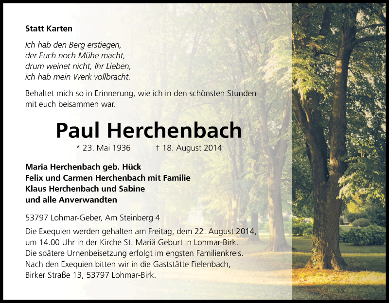  Traueranzeige für Paul Herchenbach vom 19.08.2014 aus Kölner Stadt-Anzeiger / Kölnische Rundschau / Express
