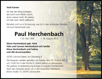 Anzeige von Paul Herchenbach von Kölner Stadt-Anzeiger / Kölnische Rundschau / Express