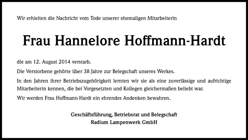  Traueranzeige für Hannelore Hoffmann-Hardt vom 20.08.2014 aus Kölner Stadt-Anzeiger / Kölnische Rundschau / Express