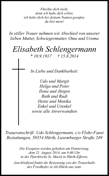 Anzeige von Elisabeth Schlengermann von Kölner Stadt-Anzeiger / Kölnische Rundschau / Express