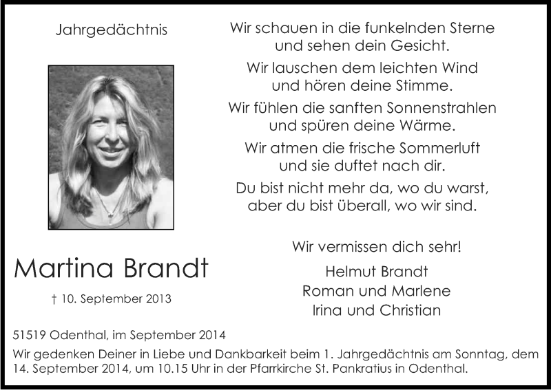  Traueranzeige für Martina Brandt vom 10.09.2014 aus Kölner Stadt-Anzeiger / Kölnische Rundschau / Express