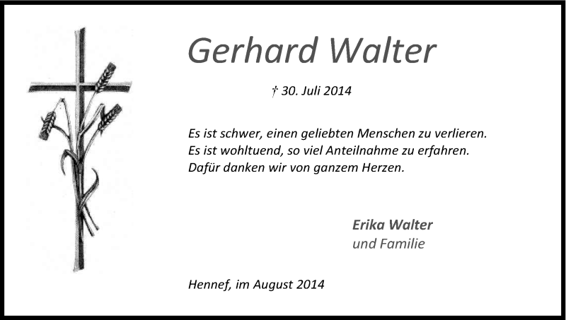  Traueranzeige für Gerhard Walter vom 23.08.2014 aus Kölner Stadt-Anzeiger / Kölnische Rundschau / Express