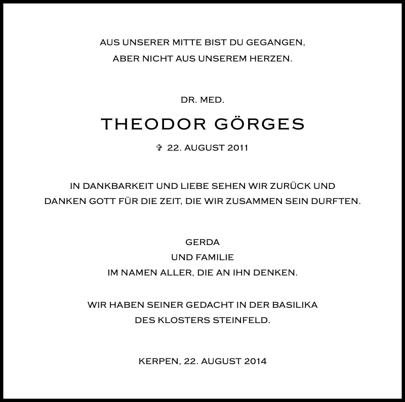  Traueranzeige für Theodor Görges vom 23.08.2014 aus Kölner Stadt-Anzeiger / Kölnische Rundschau / Express