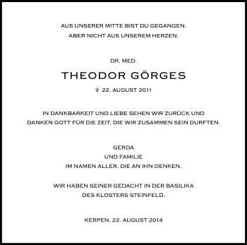 Anzeige von Theodor Görges von Kölner Stadt-Anzeiger / Kölnische Rundschau / Express
