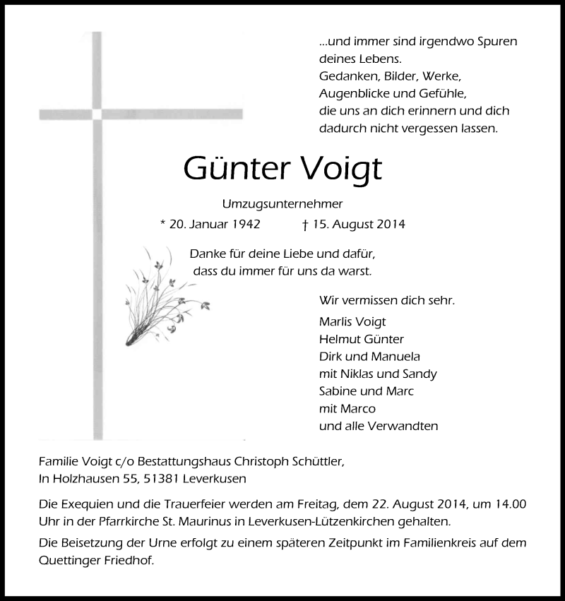  Traueranzeige für Günter Voigt vom 21.08.2014 aus Kölner Stadt-Anzeiger / Kölnische Rundschau / Express