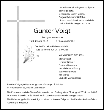 Anzeige von Günter Voigt von Kölner Stadt-Anzeiger / Kölnische Rundschau / Express