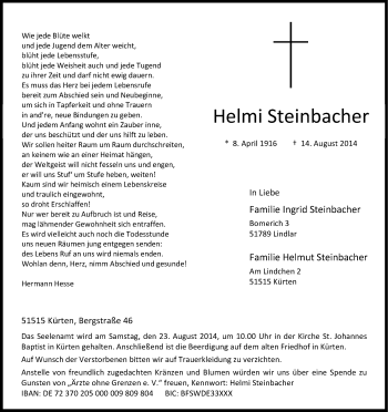 Anzeige von Helmi Steinbacher von Kölner Stadt-Anzeiger / Kölnische Rundschau / Express