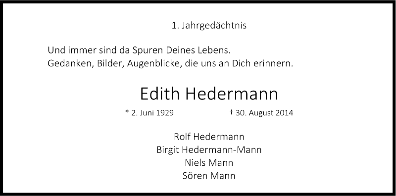  Traueranzeige für Edith Hedermann vom 30.08.2014 aus Kölner Stadt-Anzeiger / Kölnische Rundschau / Express