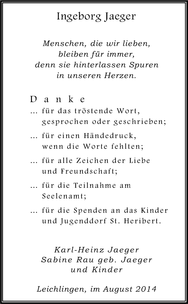  Traueranzeige für Ingeborg Jaeger vom 06.09.2014 aus Kölner Stadt-Anzeiger / Kölnische Rundschau / Express