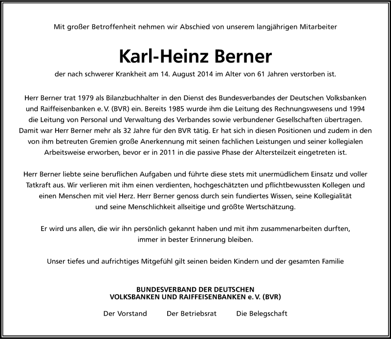  Traueranzeige für Karl-Heinz Berner vom 20.08.2014 aus Kölner Stadt-Anzeiger / Kölnische Rundschau / Express