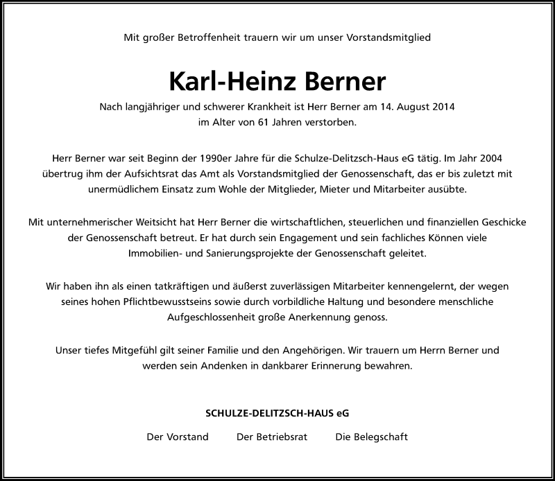  Traueranzeige für Karl-Heinz Berner vom 20.08.2014 aus Kölner Stadt-Anzeiger / Kölnische Rundschau / Express