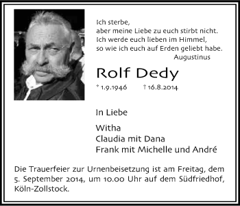 Anzeige von Rolf Dedy von Kölner Stadt-Anzeiger / Kölnische Rundschau / Express