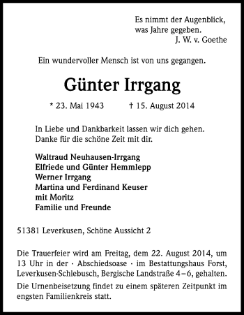 Anzeige von Günter Irrgang von Kölner Stadt-Anzeiger / Kölnische Rundschau / Express