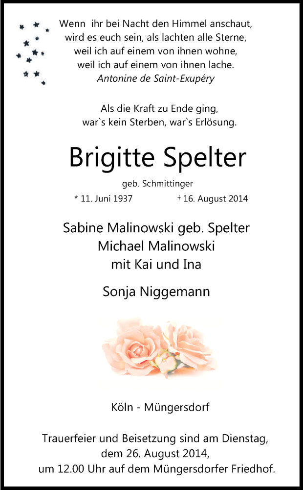  Traueranzeige für Brigitte Spelter vom 23.08.2014 aus Kölner Stadt-Anzeiger / Kölnische Rundschau / Express