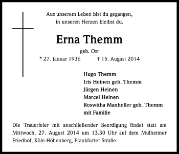 Anzeige von Erna Themm von Kölner Stadt-Anzeiger / Kölnische Rundschau / Express
