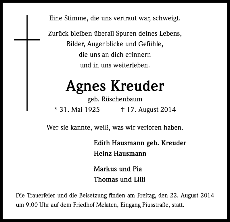 Traueranzeige für Agnes Kreuder vom 20.08.2014 aus Kölner Stadt-Anzeiger / Kölnische Rundschau / Express