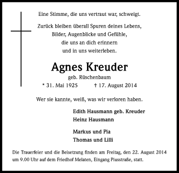 Anzeige von Agnes Kreuder von Kölner Stadt-Anzeiger / Kölnische Rundschau / Express