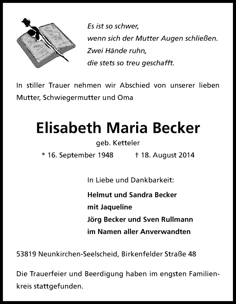  Traueranzeige für Elisabeth Maria Becker vom 27.08.2014 aus Kölner Stadt-Anzeiger / Kölnische Rundschau / Express