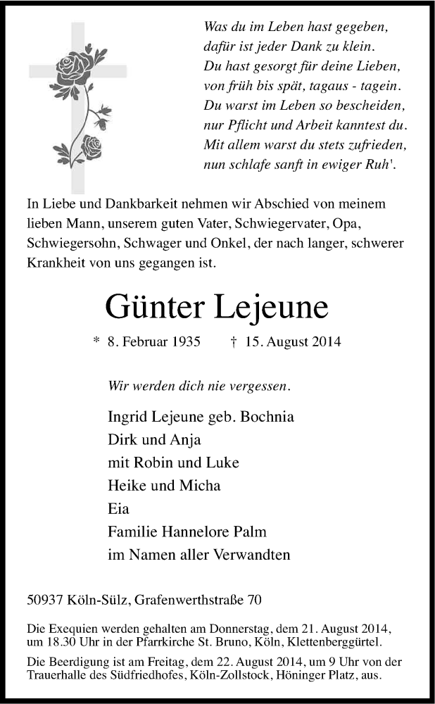  Traueranzeige für Günter Lejeune vom 20.08.2014 aus Kölner Stadt-Anzeiger / Kölnische Rundschau / Express