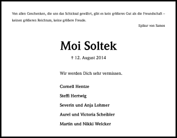 Anzeige von Moi Soltek von Kölner Stadt-Anzeiger / Kölnische Rundschau / Express