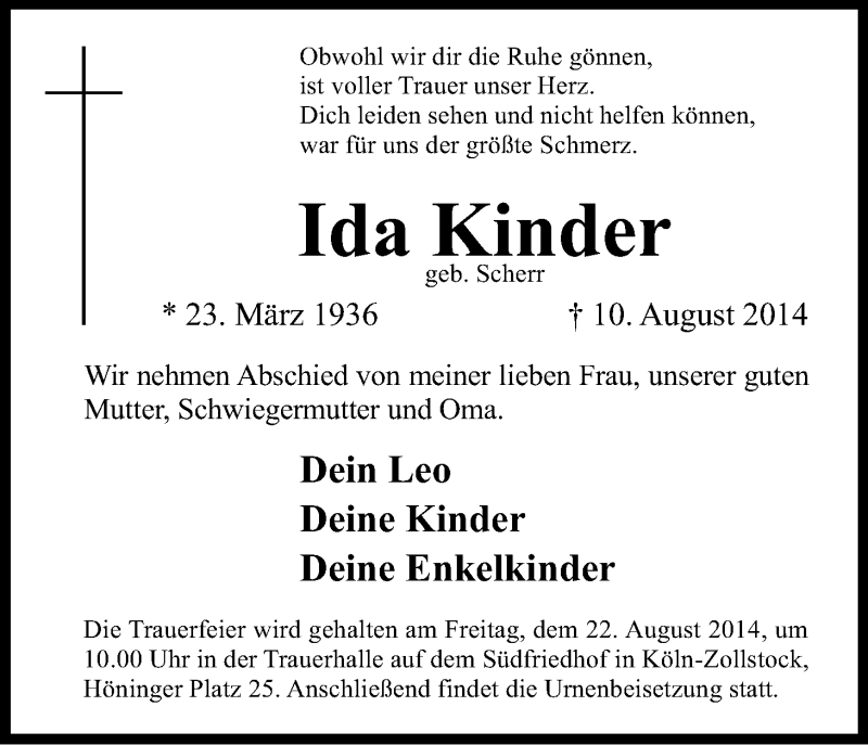  Traueranzeige für Ida Kinder vom 20.08.2014 aus Kölner Stadt-Anzeiger / Kölnische Rundschau / Express