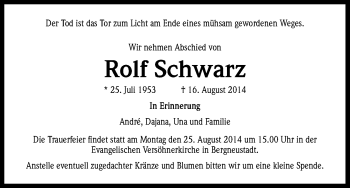 Anzeige von Rolf Schwarz von Kölner Stadt-Anzeiger / Kölnische Rundschau / Express