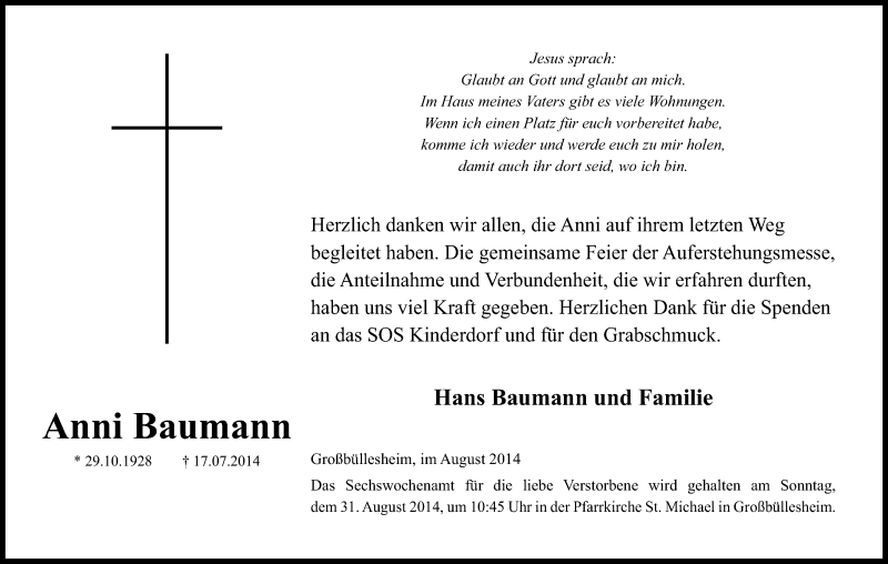  Traueranzeige für Anni Baumann vom 20.08.2014 aus Kölner Stadt-Anzeiger / Kölnische Rundschau / Express