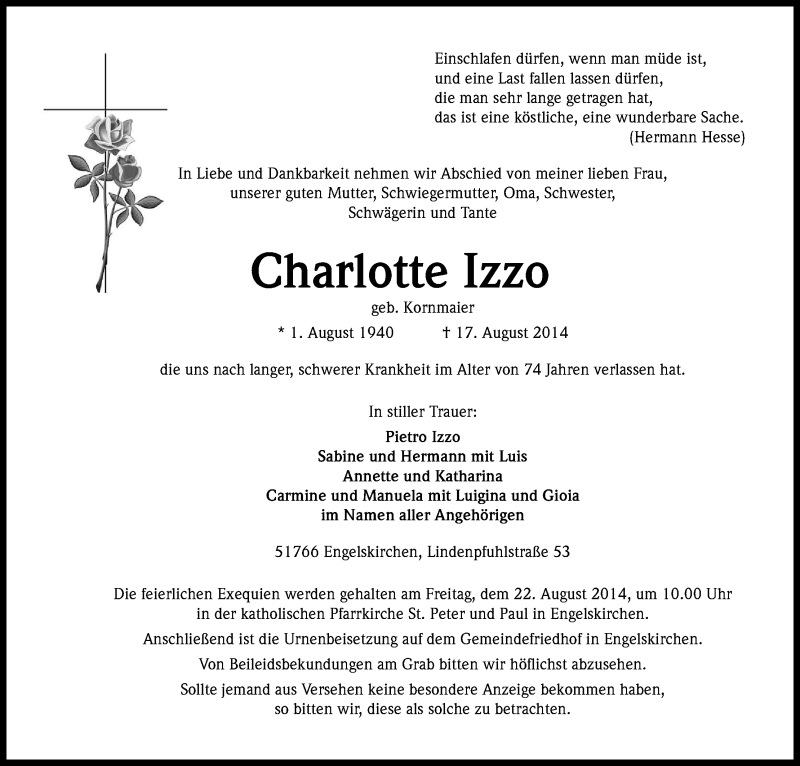  Traueranzeige für Charlotte Izzo vom 20.08.2014 aus Kölner Stadt-Anzeiger / Kölnische Rundschau / Express