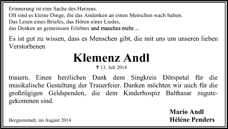  Traueranzeige für Klemenz Andl vom 20.08.2014 aus Kölner Stadt-Anzeiger / Kölnische Rundschau / Express