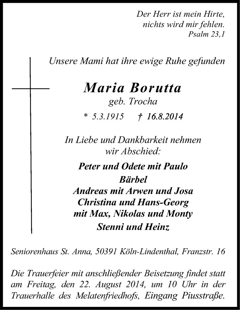  Traueranzeige für Maria Borutta vom 20.08.2014 aus Kölner Stadt-Anzeiger / Kölnische Rundschau / Express