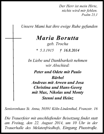Anzeige von Maria Borutta von Kölner Stadt-Anzeiger / Kölnische Rundschau / Express