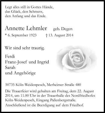 Anzeige von Annette Lehmler von Kölner Stadt-Anzeiger / Kölnische Rundschau / Express