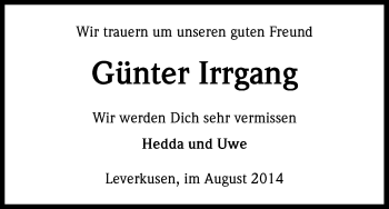 Anzeige von Günter Irrgang von Kölner Stadt-Anzeiger / Kölnische Rundschau / Express