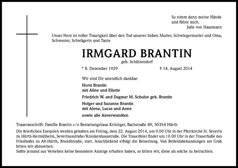  Traueranzeige für Irmgard Brantin vom 20.08.2014 aus Kölner Stadt-Anzeiger / Kölnische Rundschau / Express