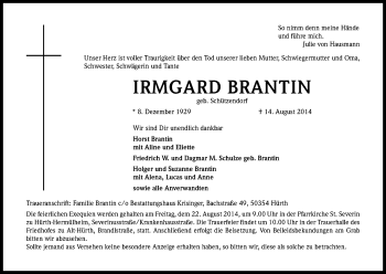 Anzeige von Irmgard Brantin von Kölner Stadt-Anzeiger / Kölnische Rundschau / Express