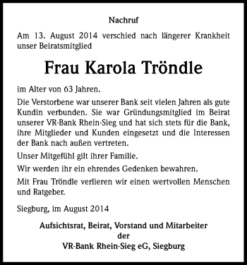 Anzeige von Karola Tröndle von Kölner Stadt-Anzeiger / Kölnische Rundschau / Express