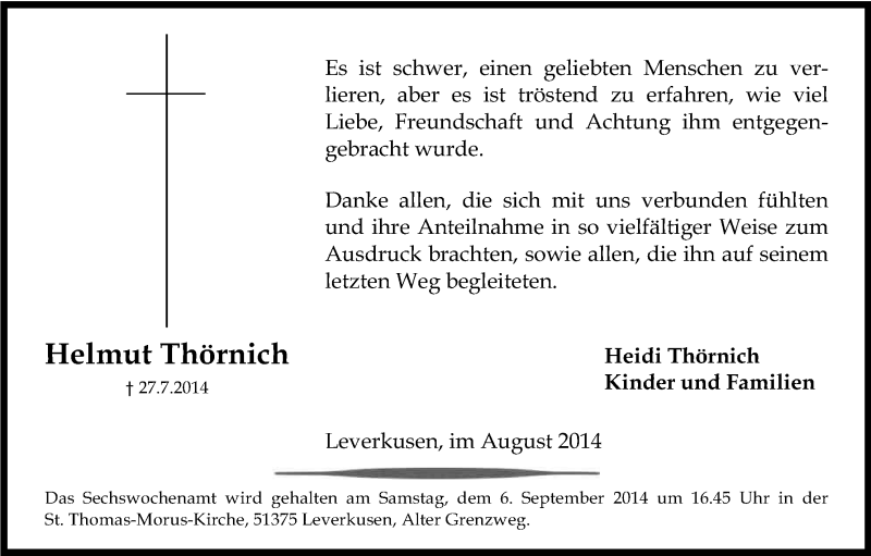  Traueranzeige für Helmut Thörnich vom 30.08.2014 aus Kölner Stadt-Anzeiger / Kölnische Rundschau / Express